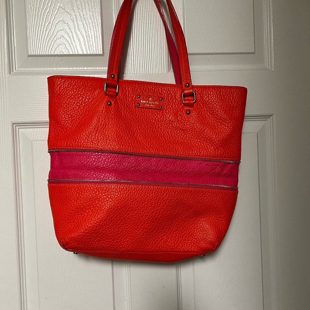 Kate Spade Grove Court Michelle Orange & Pink Pebbled Leather Tote Bucket Purse